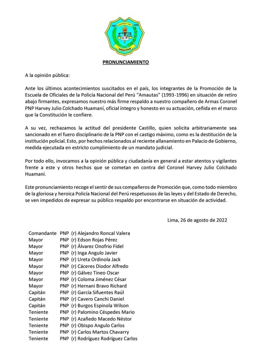 Pronunciamiento integrantes de la promoción de la Escuela de Oficiales de la Policía Nacional del Perú (PNP), "Los Amautas