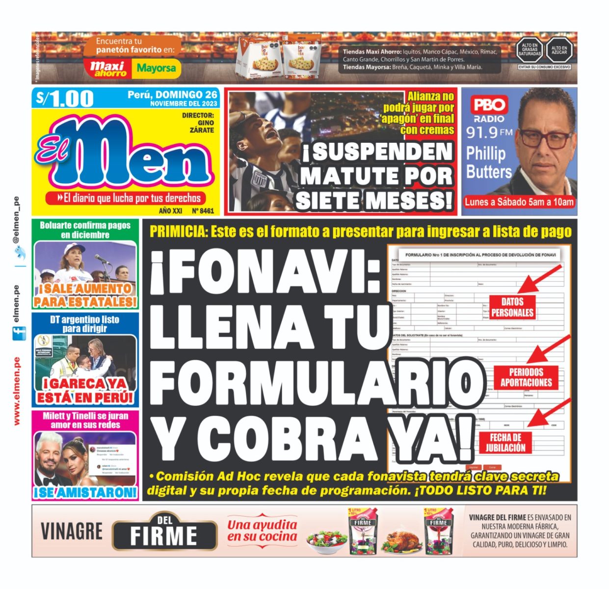 Portada Diario El Chino (26/11/2023)